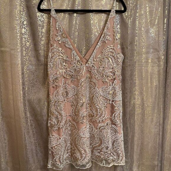 Free People Night Shimmers Gold Nude Sparkly Mini Dress Size 12 - Picture 2 of 8